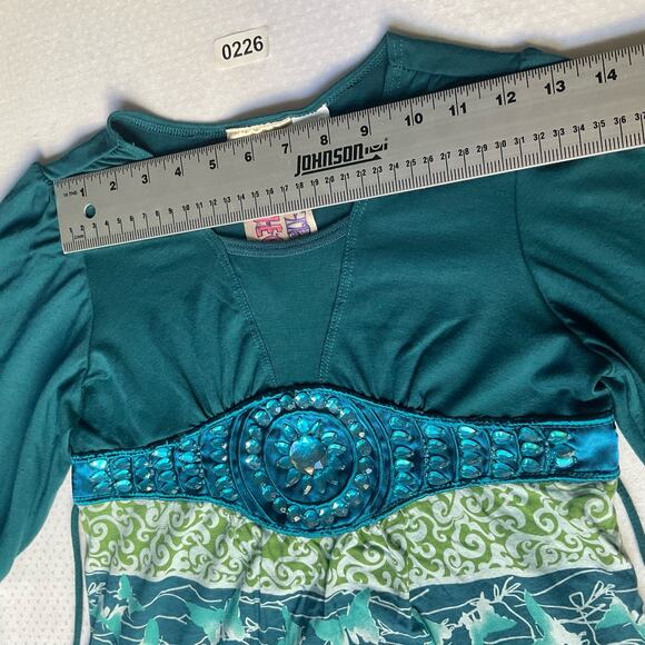 Fresh Brewed Girl 3/4 Sleeve Blouse for Girls, size L, Green Blue,Shining Stones - Picture 2 of 8